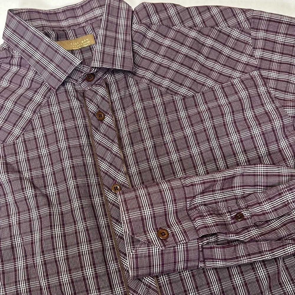 Zara Man Purple White Long Sleeve Button Down Shirt Men's Size Large‎